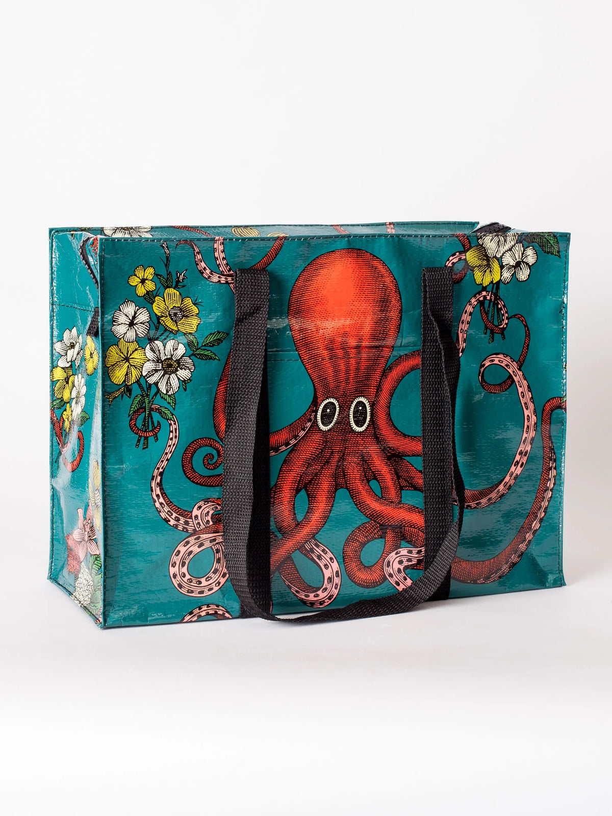 TEAL SHOULDER TOTE WITH AN OCTOPUS HOLDING TWO SMALL BOUQUETS OF YELLOW &amp; WHITE WILD FLOWERS BY BLUE Q