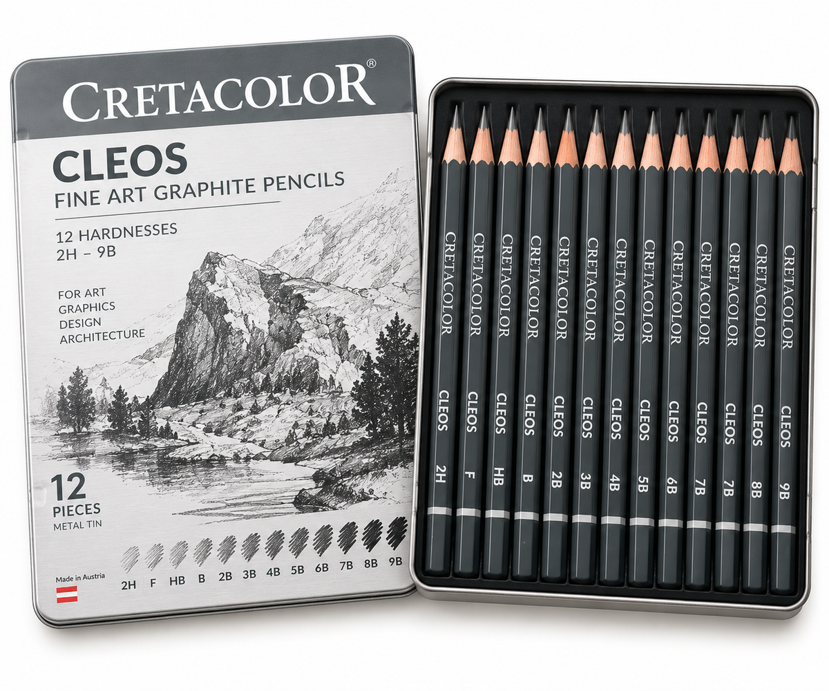 CLEOS FINE ART GRAPHITE PENCILS, 12 HARDNESSES IN TIN BOX (2H, F, HB - 9B)