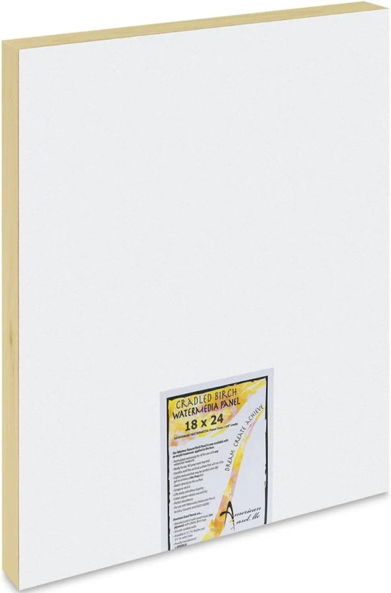 White art panel with wooden frame and product label on a white background