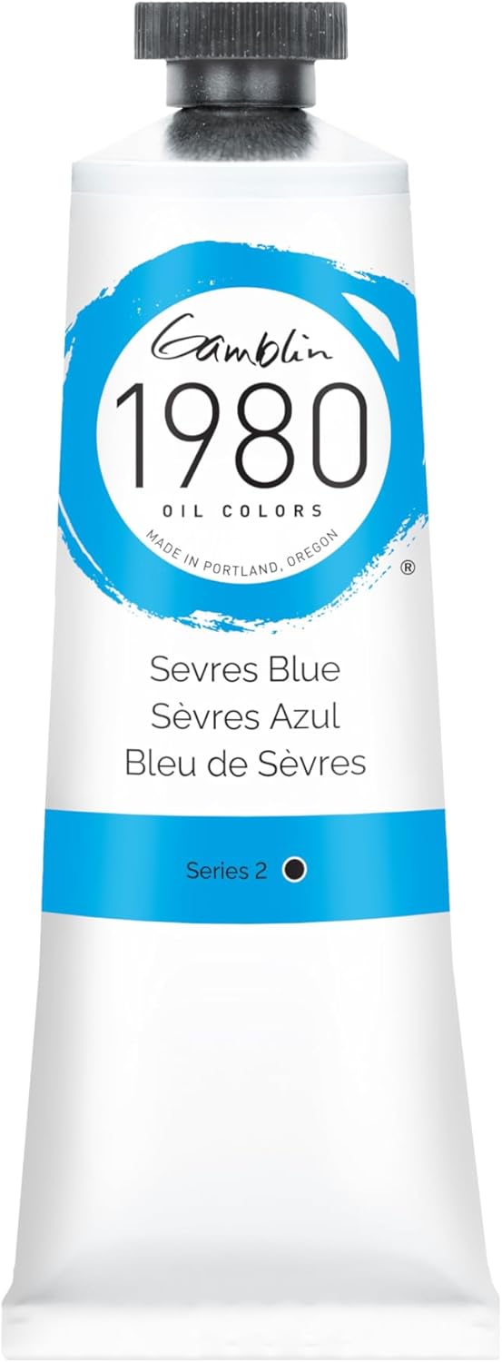 Tube of GAMBLIN 1980 oil paint labeled 'Sevres Blue' on a white background
