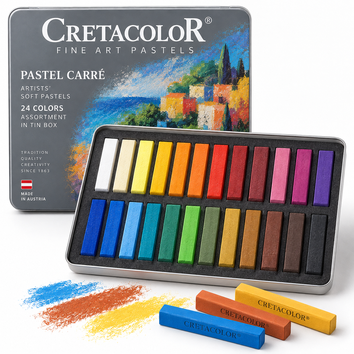 PASTEL CARRÉ, ASSORTMENT IN TIN BOX, 24 COLORS
