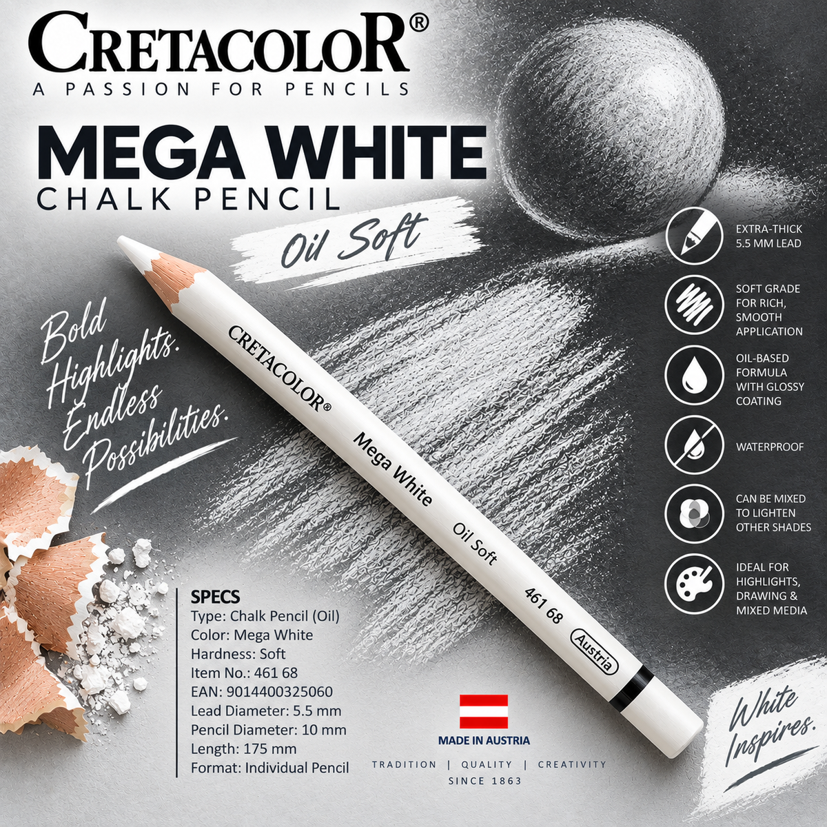 CRETACOLOR MEGA WHITE CHALK PENCIL OIL SOFT