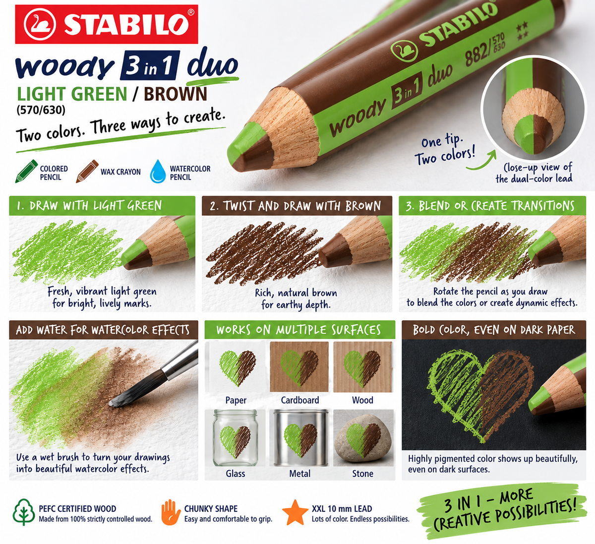 STABILO WOODY 3IN1 DUO LTGREEN/BROWN