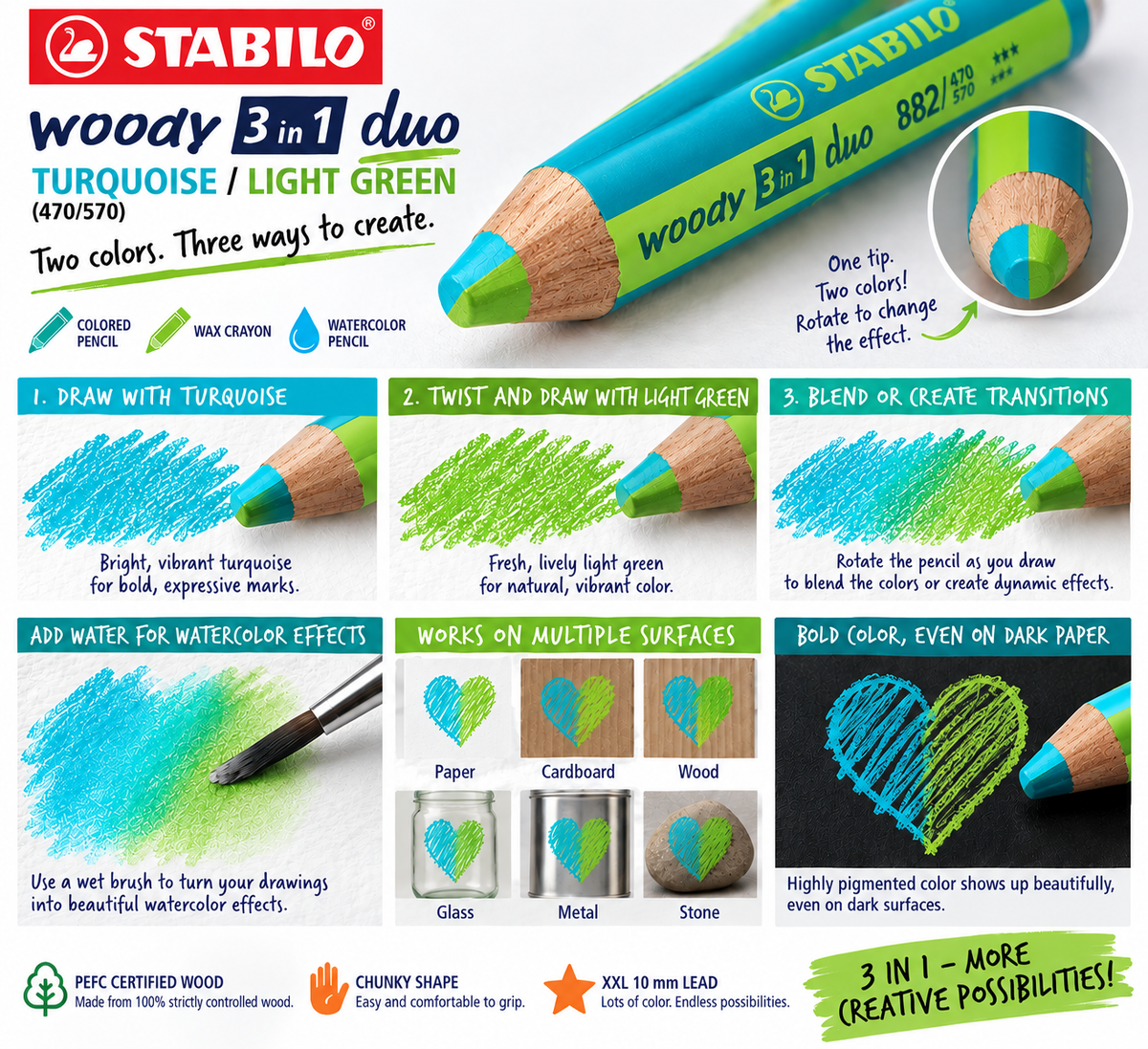 STABILO WOODY 3IN1 DUO TURQUOISE/LIGHT GREEN