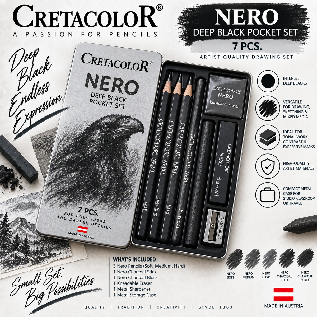 CRETACOLOR NERO DEEP BLACK POCKET SET 7 PCS., METAL CASE