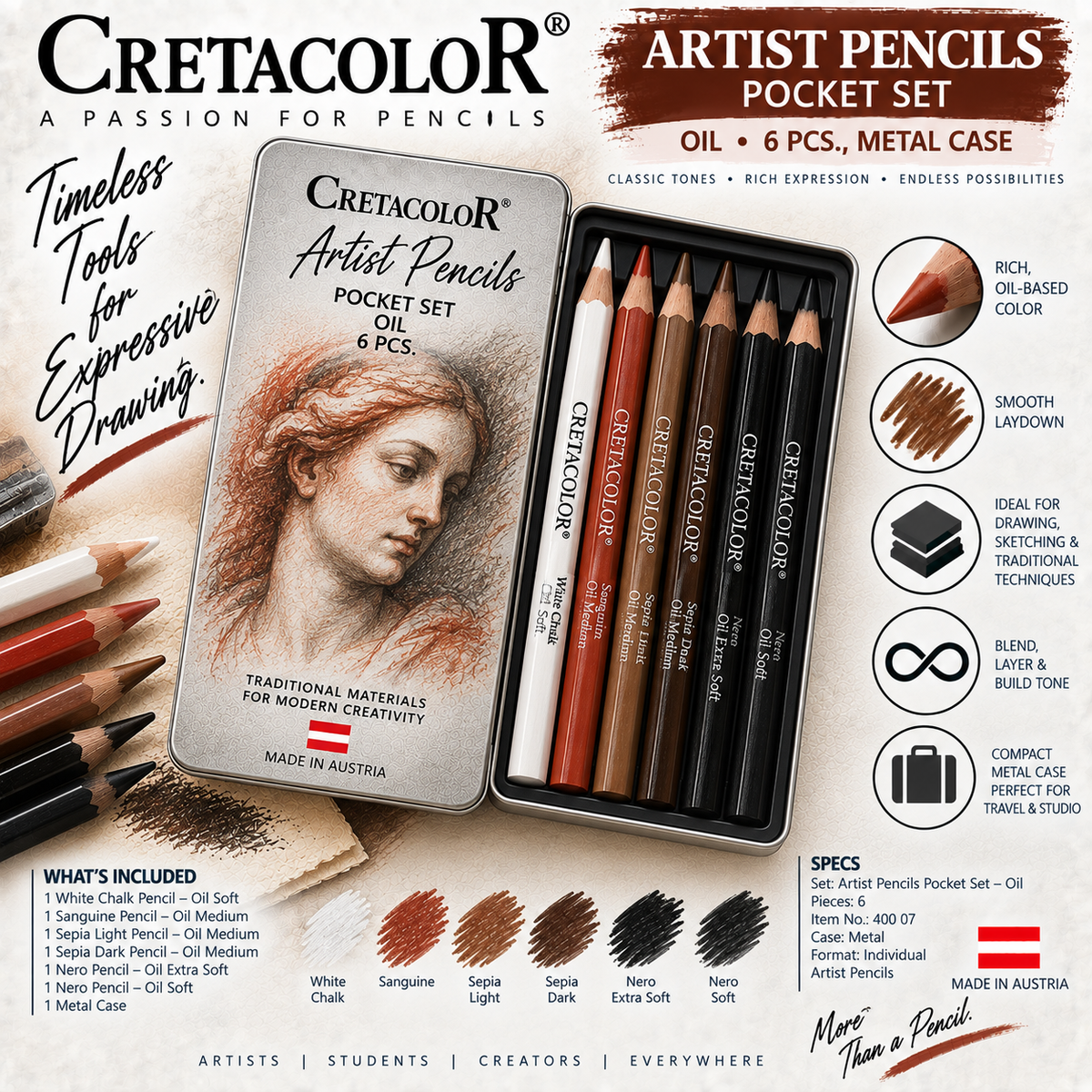 CRETACOLOR OIL PENCILS POCKET SET 6 PCS., METAL CASE