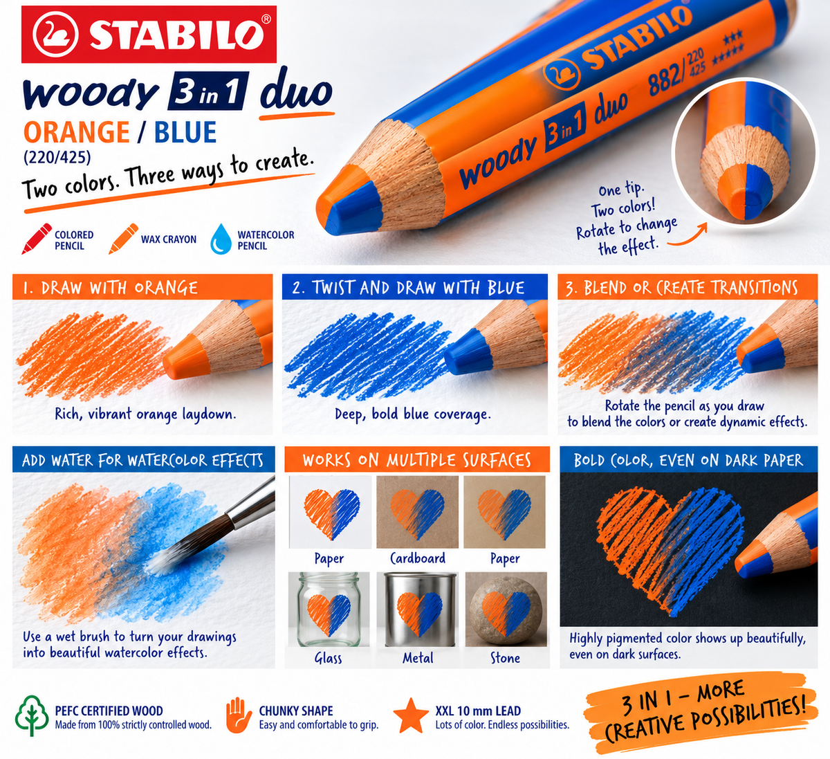 STABILO WOODY 3 IN 1 DUO ORANGE/BLUE