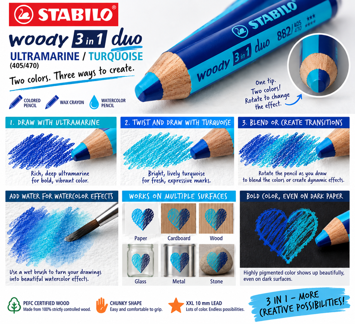 STABILO WOODY 3IN1 DUO UTRAMARINE/TURQUOISE