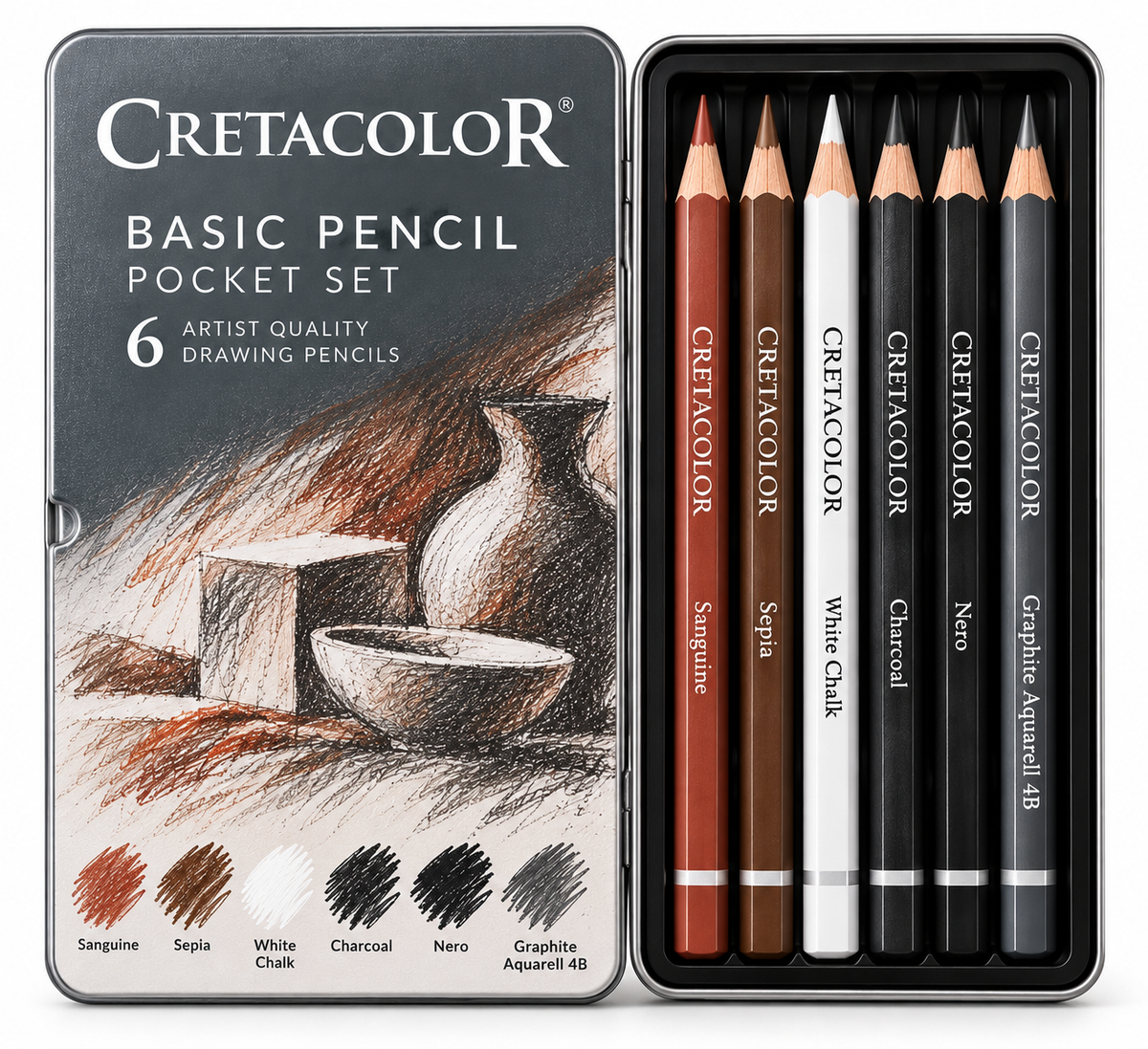 CRETACOLOR BASIC PENCIL POCKET SET 6 PCS., METAL CASE