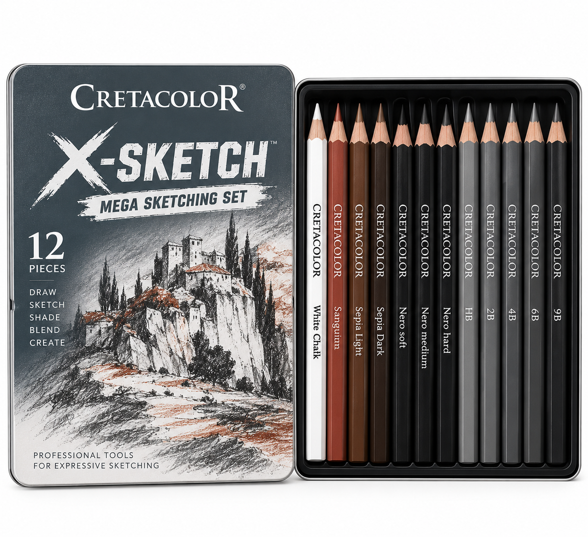 X-SKETCH MEGA SKETCHING SET, TIN BOX, 12 PCS
