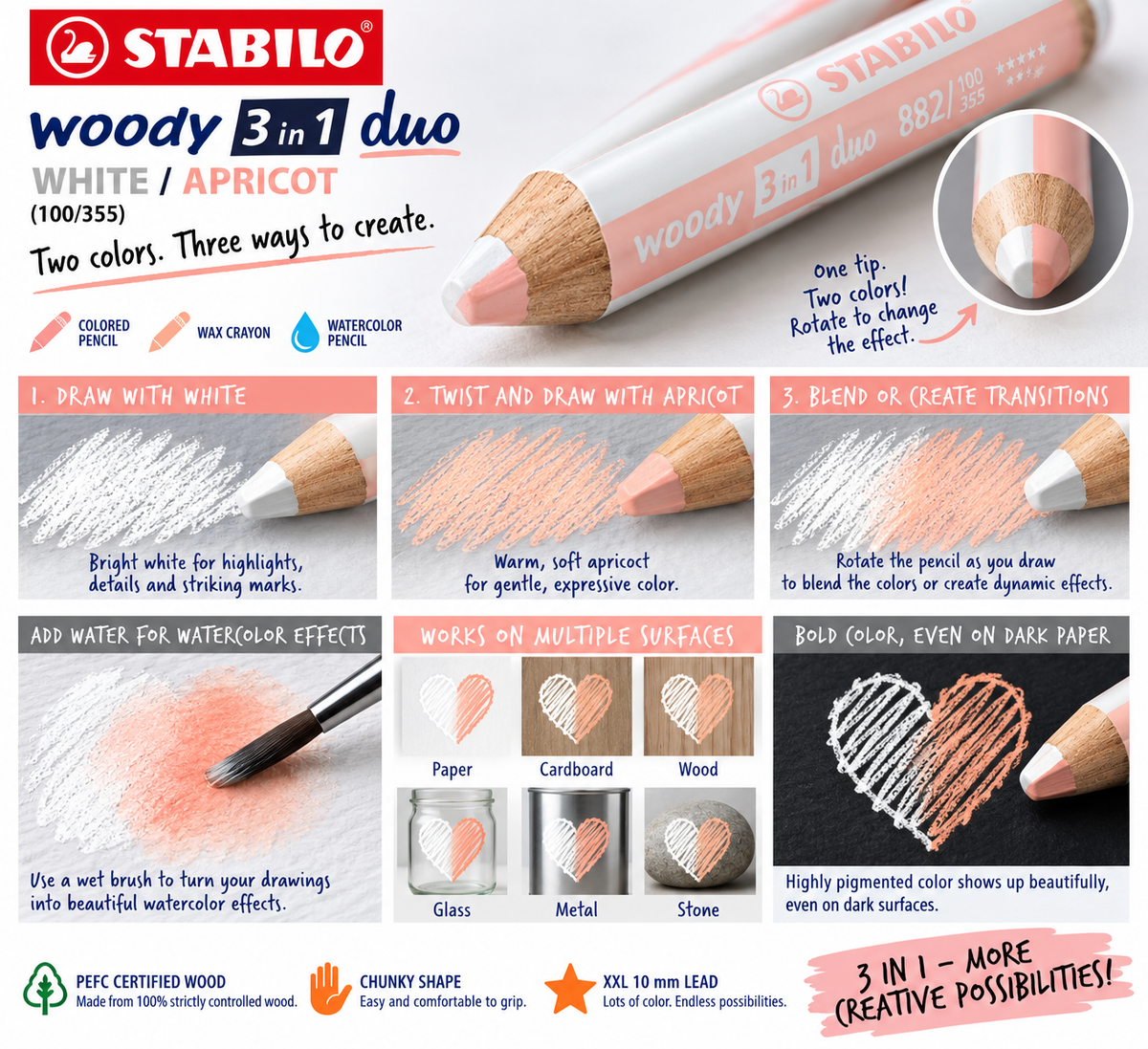 STABILO WOODY 3IN1 DUO WHITE/APRICOT