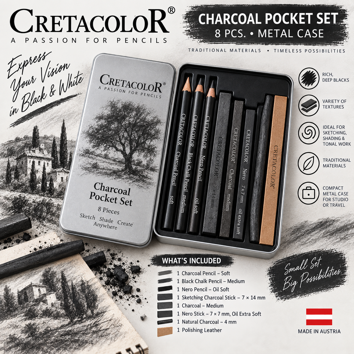 CRETACOLOR CHARCOAL DRAWING SET 8 PCS., METAL CASE