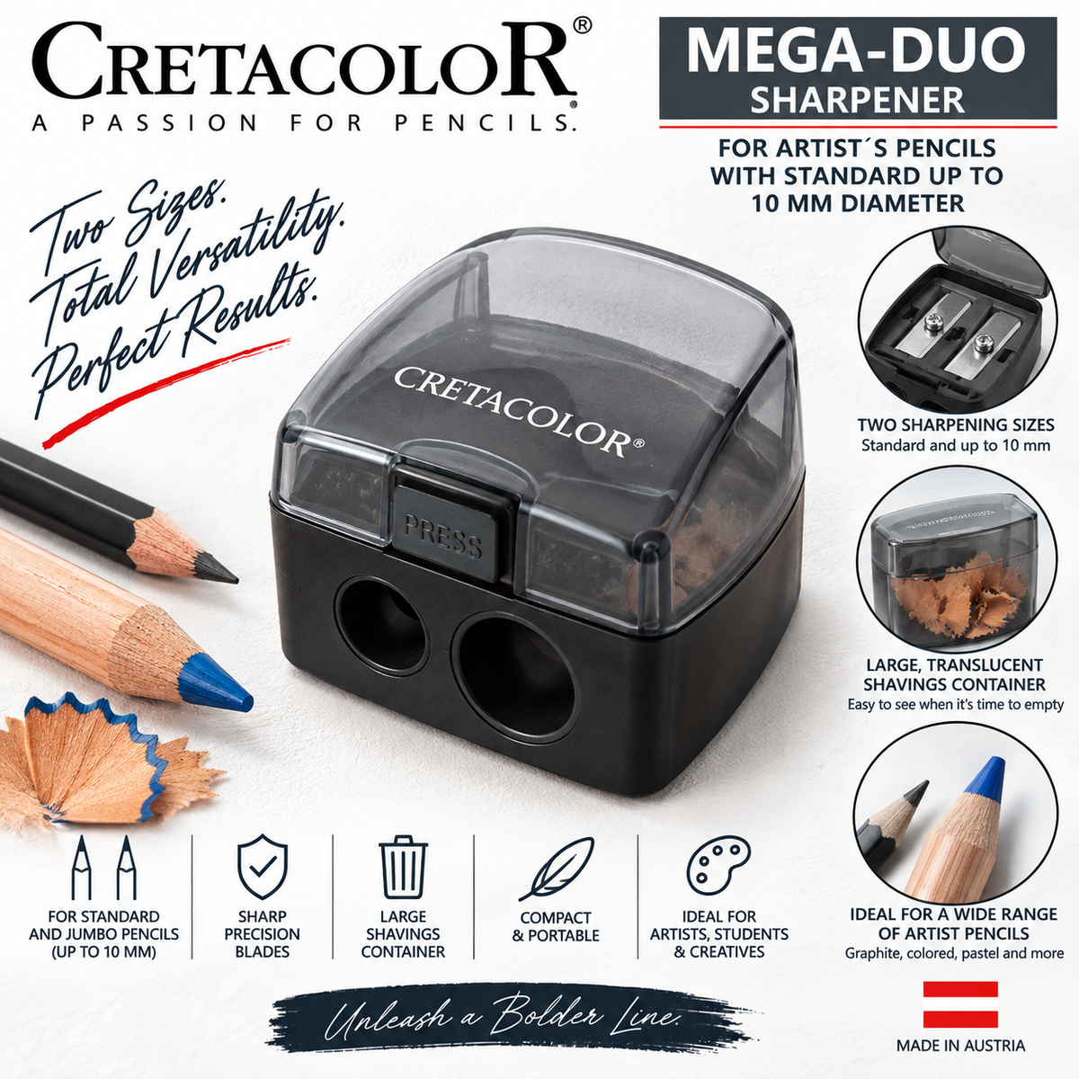 MEGA-DUO SHARPENER FOR ARTIST´S PENCILS WITH STANDARD UP TO 10 MM DIAMETER