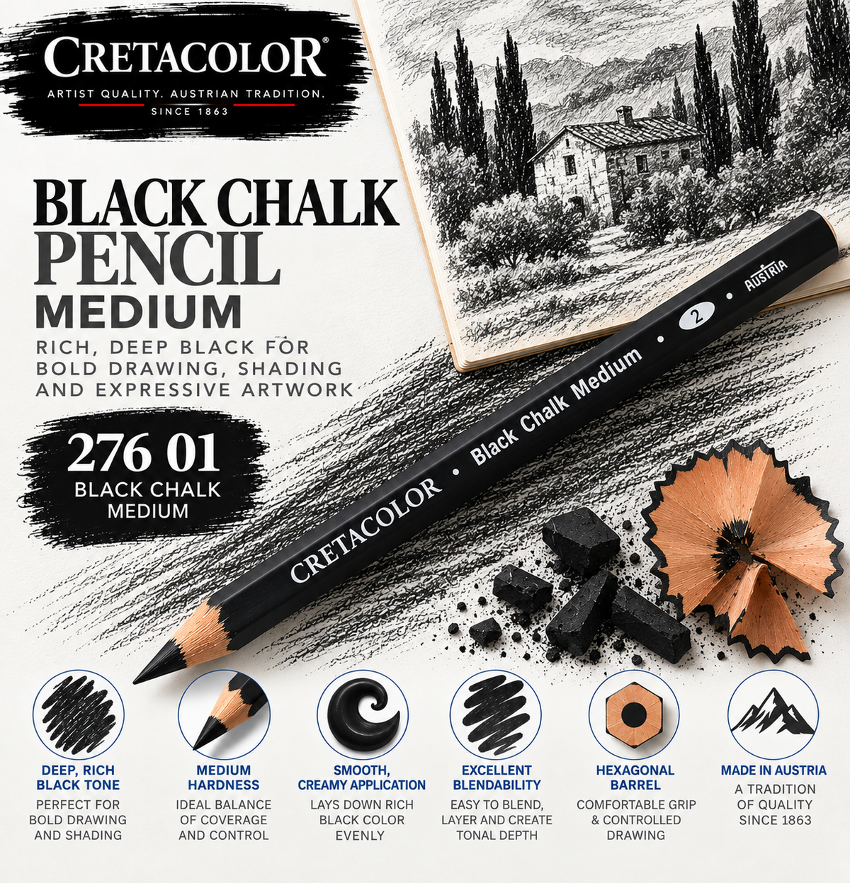 CRETACOLOR BLACK CHALK PENCIL MEDIUM