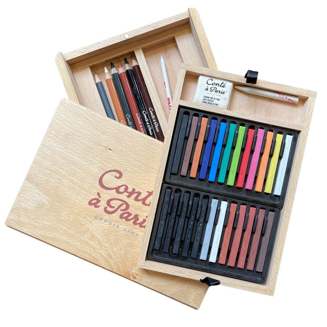 CONTE PASTEL CARRÉ & SKETCH PENCIL WOOD BOX 30 SET - ASSORTED