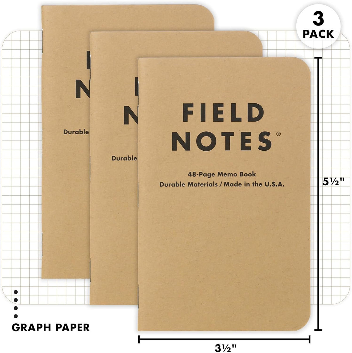 Three Field Notes notebooks on a graph paper background with dimensions displayed.