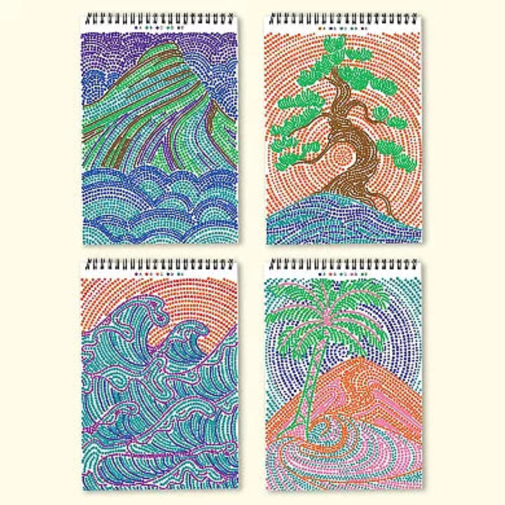 Lifelines FlowArt guided art meditation set with notebook, markers, and dot stickers on a white background.