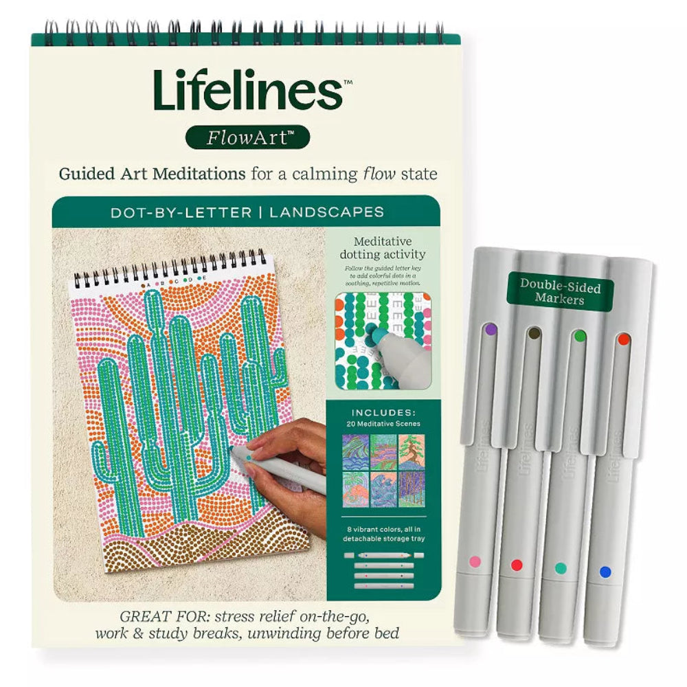 Lifelines FlowArt guided art meditation set with notebook, markers, and dot stickers on a white background.