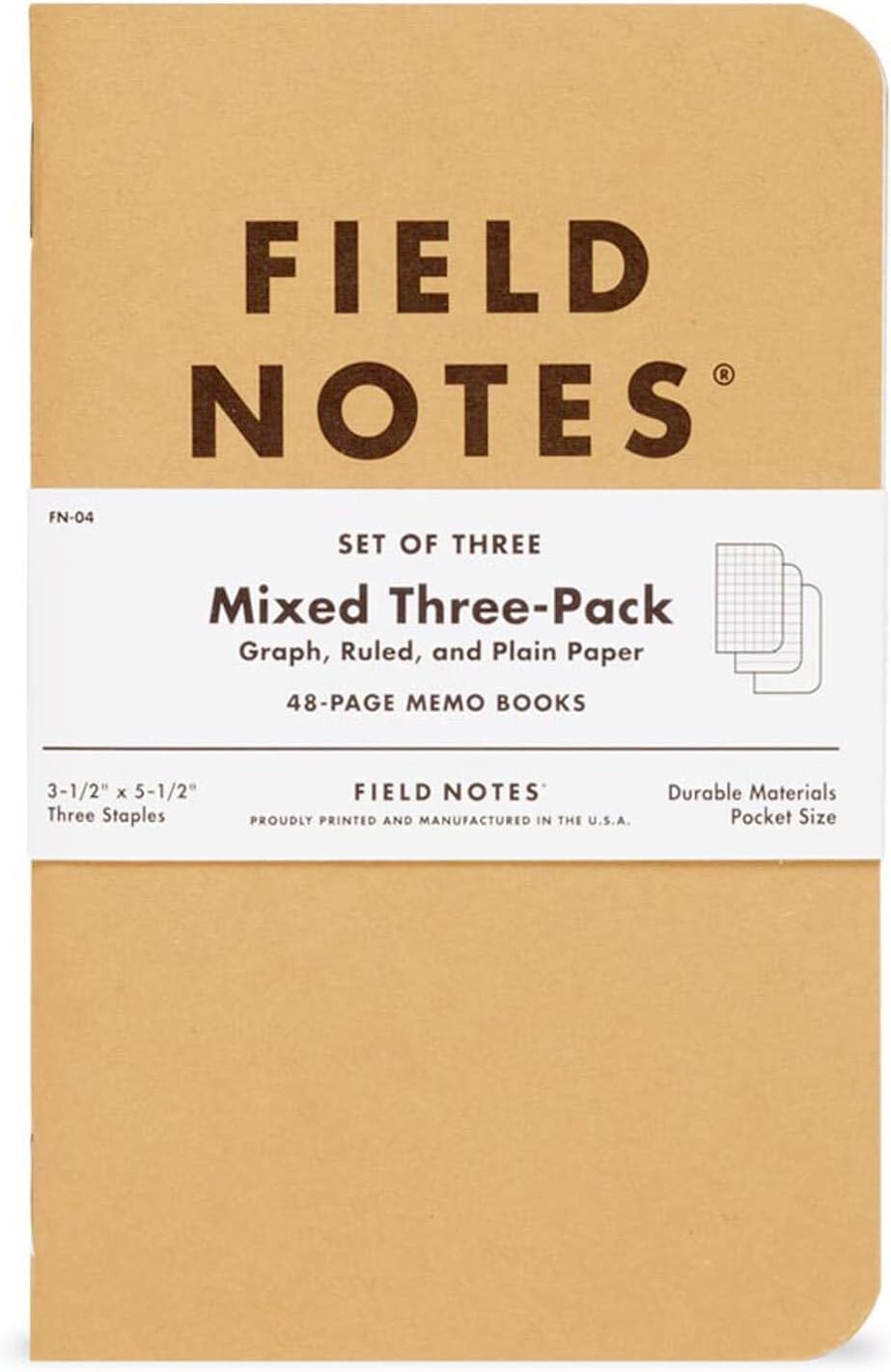 Field Notes mixed three-pack packaging with brown cover and white label.