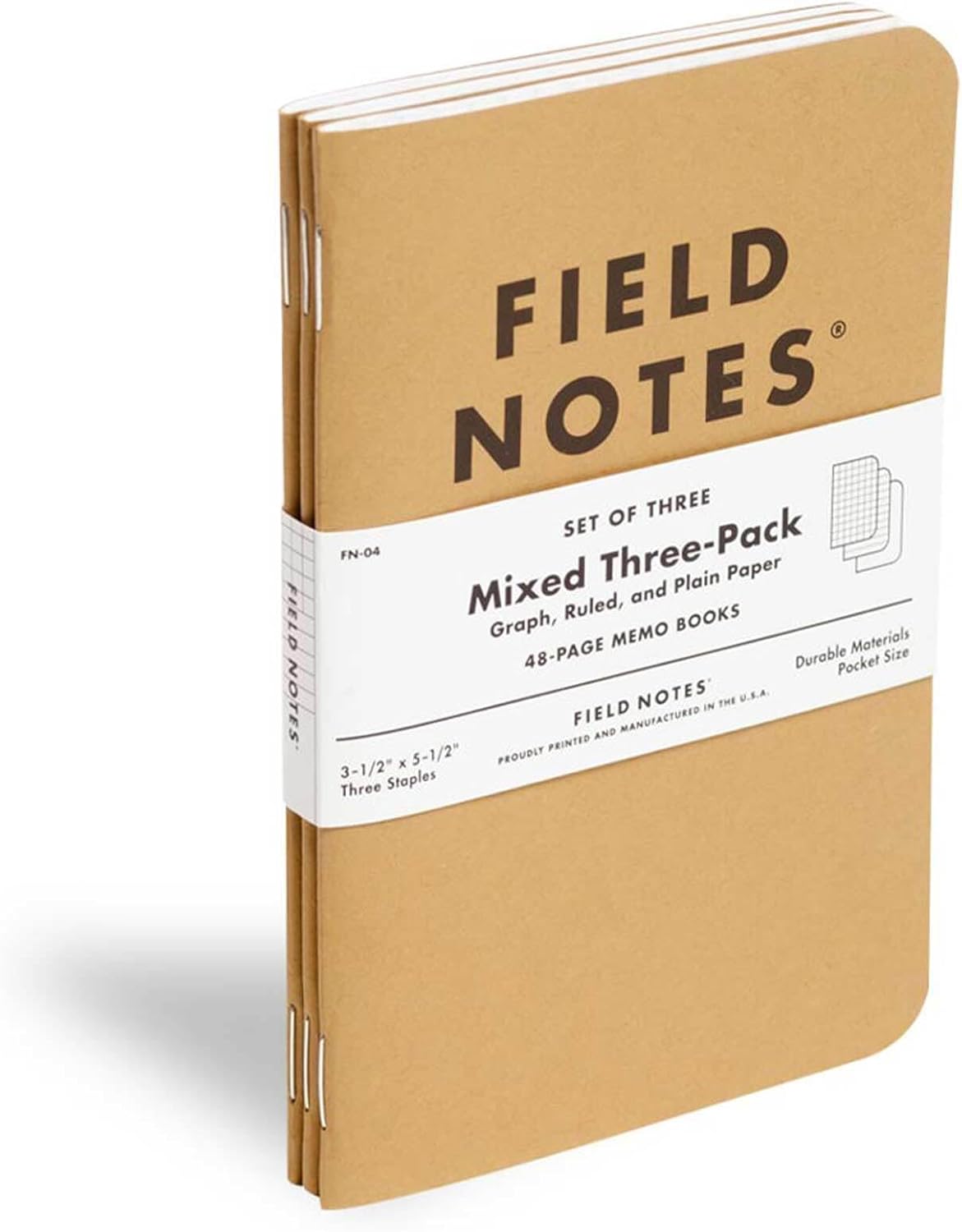Field Notes mixed three-pack packaging with brown cover and white label.