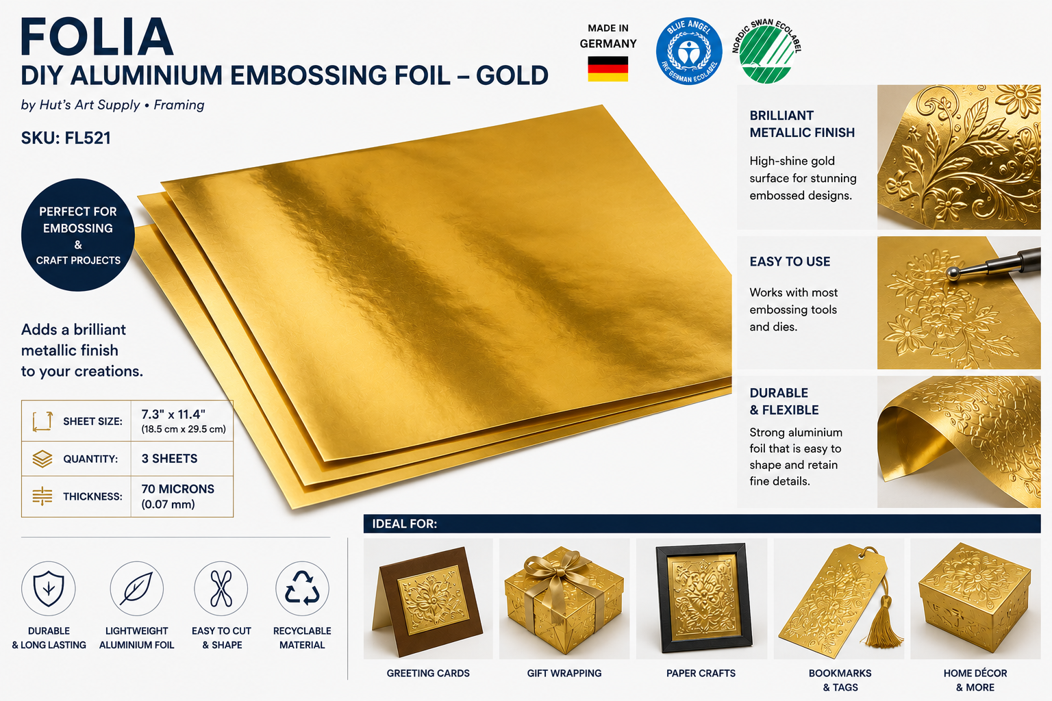 FOLIA DIY ALUM EMBOSSING FOIL 7.3 X11.4 SHEET - GOLD