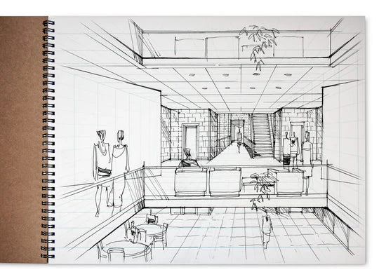 1-POINT PERSPECTIVE ROOM GRID SKETCH PAD - SPIRAL BOUND 11" X 14"