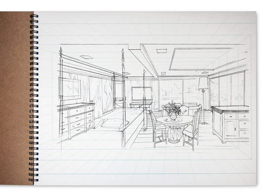1-POINT PERSPECTIVE ROOM GRID SKETCH PAD - SPIRAL BOUND 11" X 14"