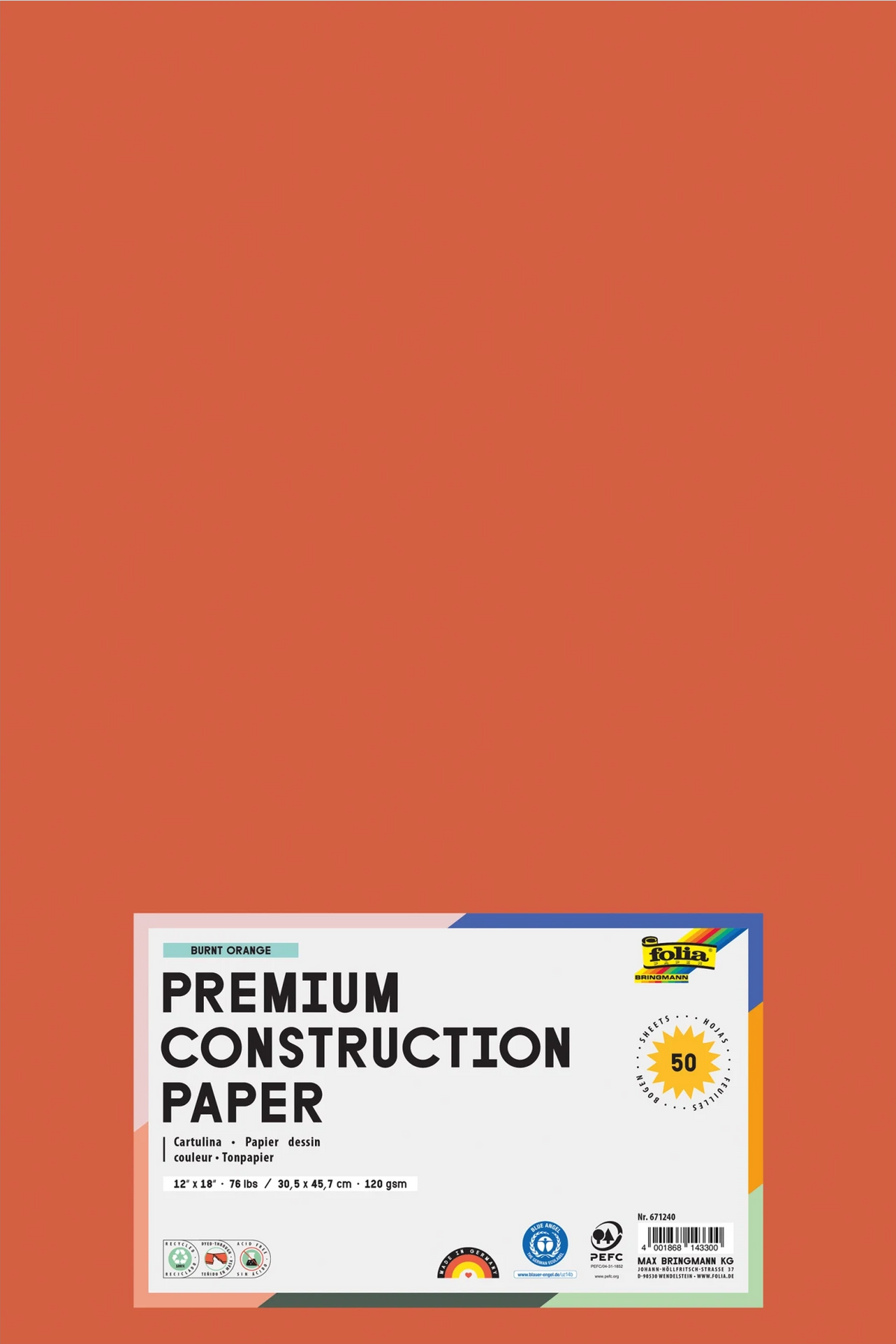 FOLIA  PREMIUM CONSTRUCTION PAPER 76LB 12X18 ORANGE