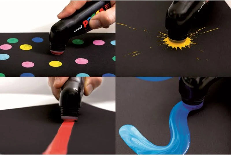 Collage of EXAMPLES USING POSCA MOP'R PAINT marker MAKING colorful dots, yellow circle, red line, and blue wave on a black background.