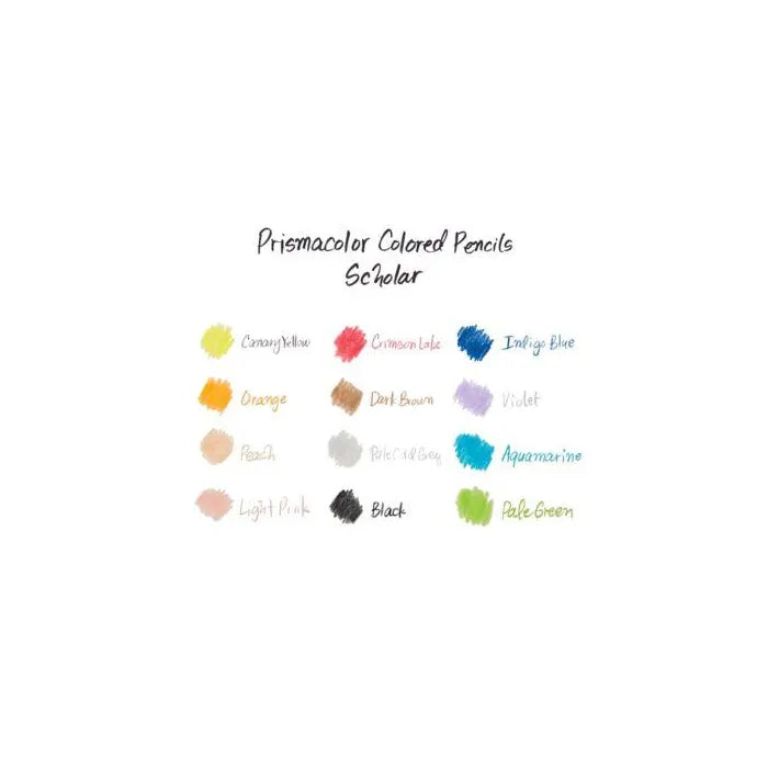 Color swatches of Prismacolor scholar  Colored Pencils on a white background