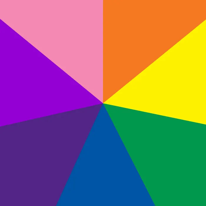 Hexagonal color wheel with purple, pink, orange, yellow, blue, and green triangles.