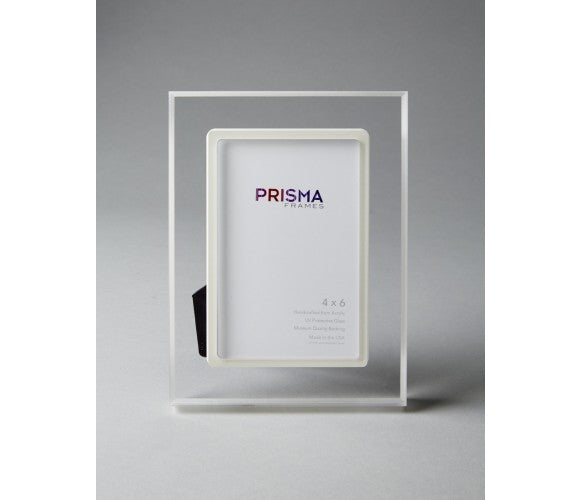 Clear acrylic photo frame with 'Prisma Frames' branding on a gray background