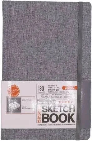 Gray sketchbook with a label on a white background