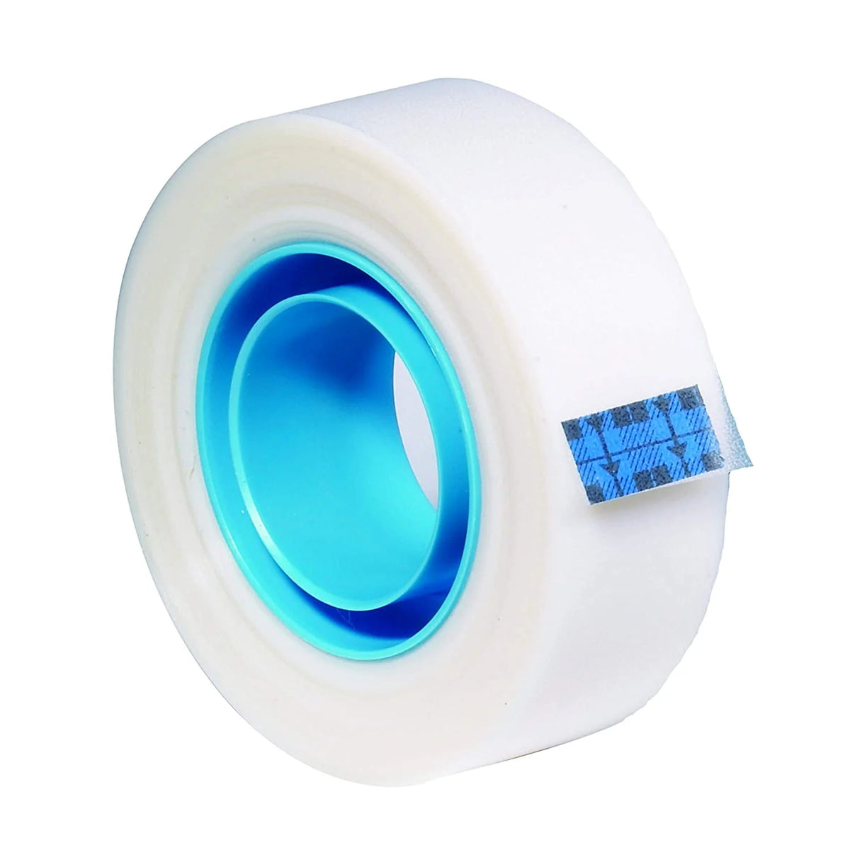 Roll of transparent tape with a blue core on a white background