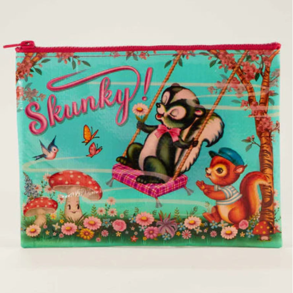 Colorful pouch with cartoon skunk and fox design on a white background