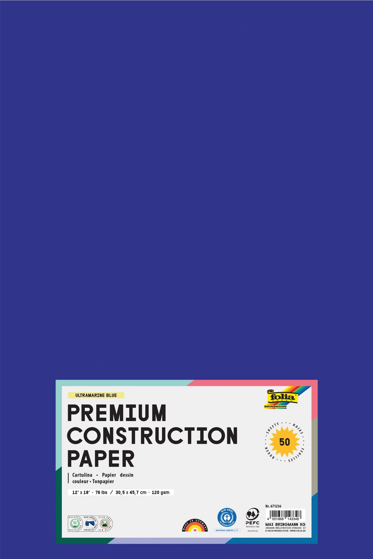 FOLIA  PREMIUM CONSTRUCTION PAPER 76LB 12X18 ULTRA BLUE