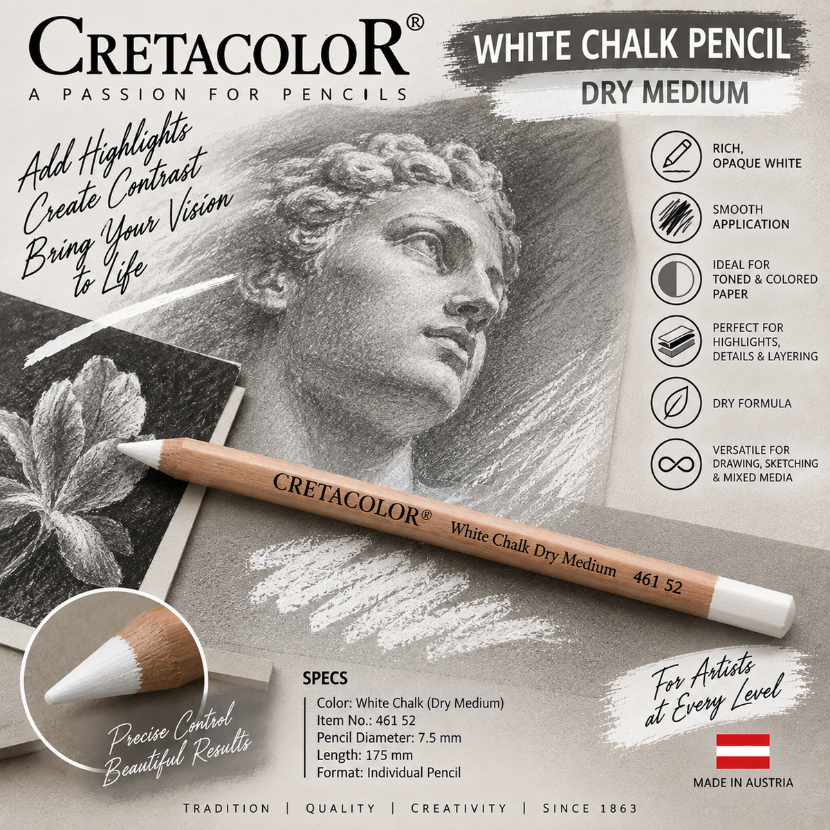 CRETACOLOR WHITE CHALK PENCIL DRY MEDIUM