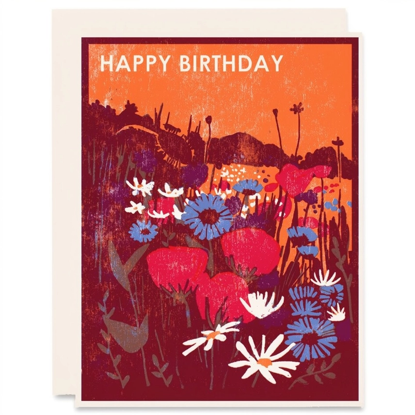 WOODBLOCK PRINT CARD - WILDFLOWERS HAPPY BIRTHDAY