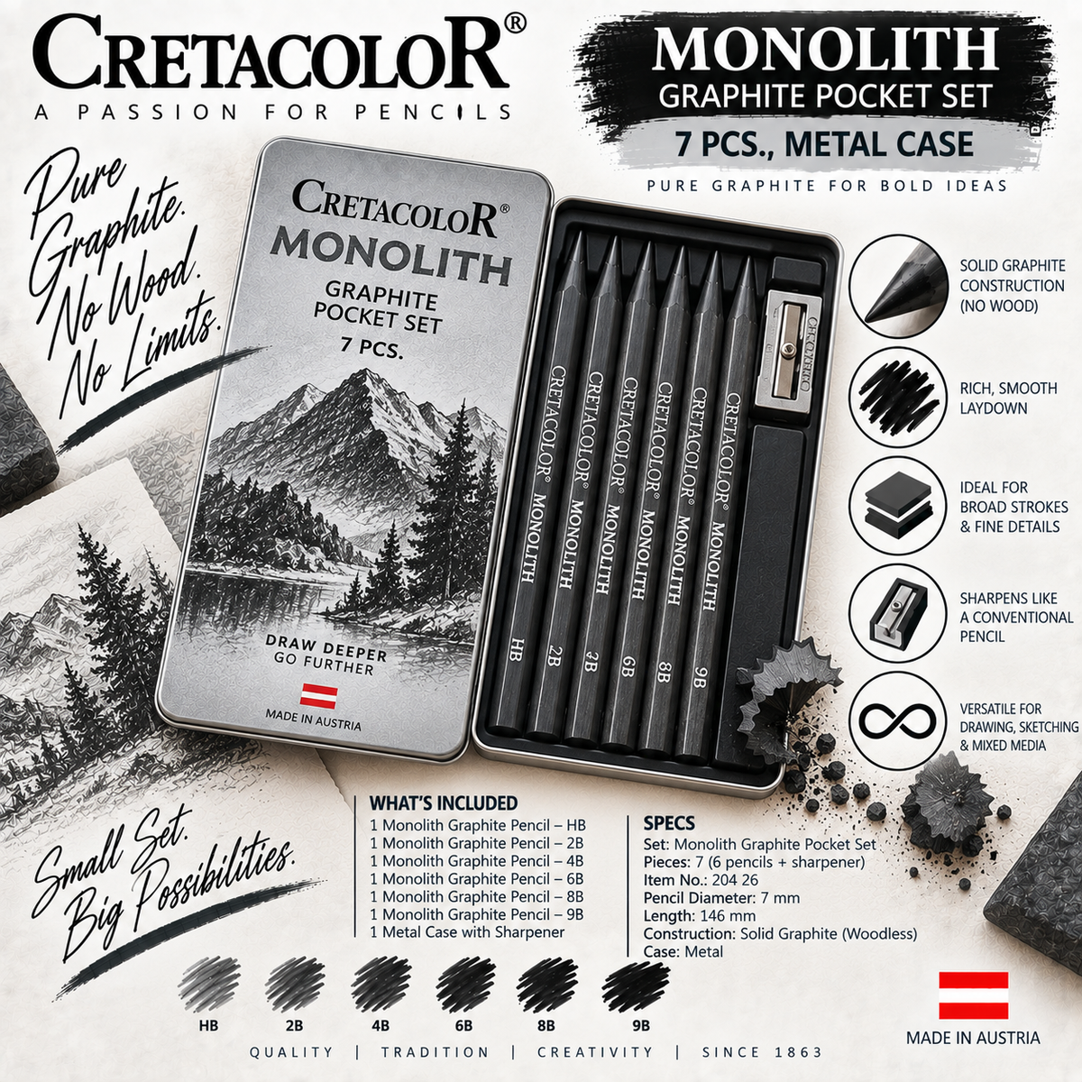 CRETACOLOR MONOLITH GRAPHITE POCKET SET 7 PCS., METAL CASE