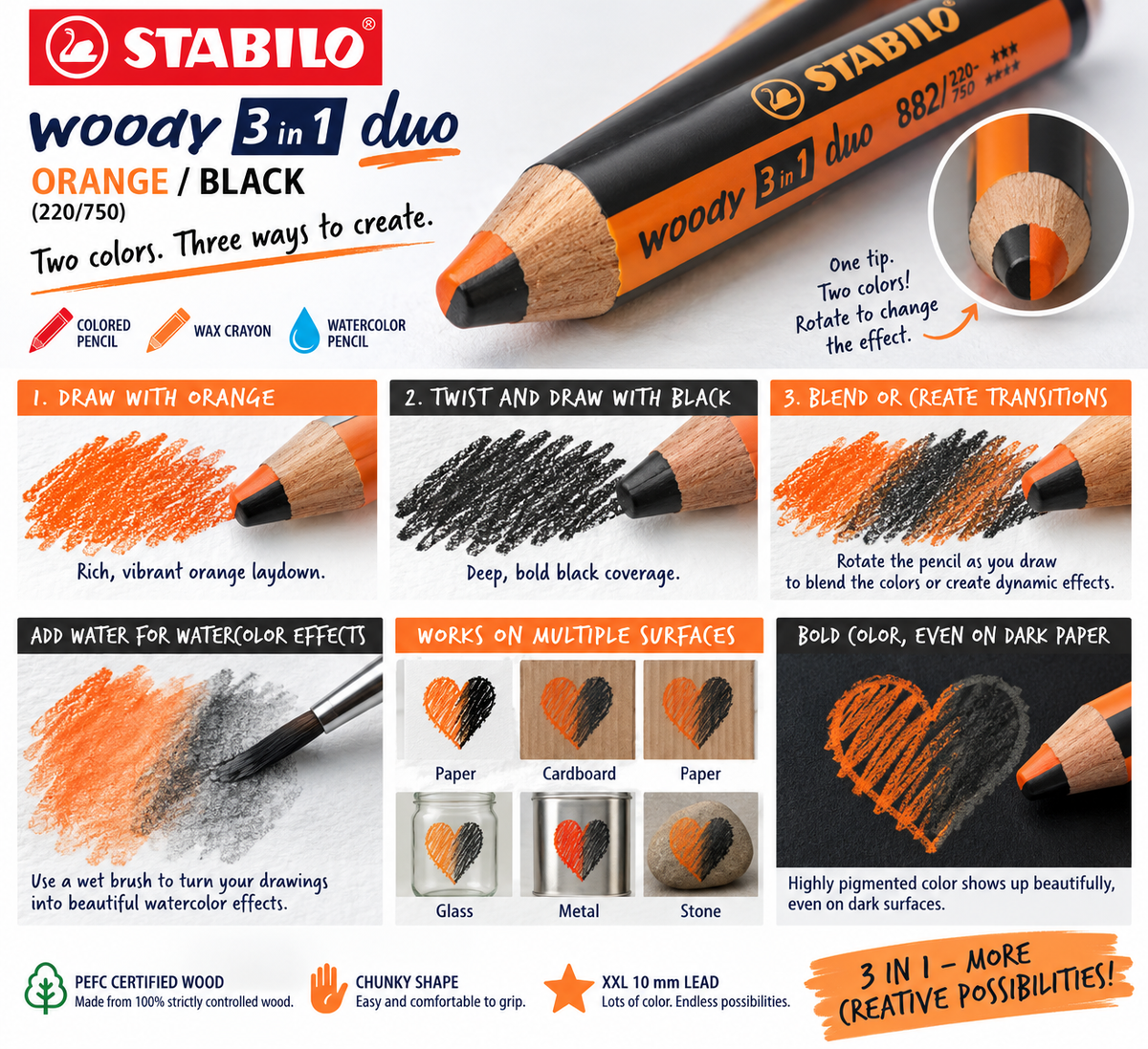 STABILO WOODY 3IN1 DUO ORANGE/BLACK