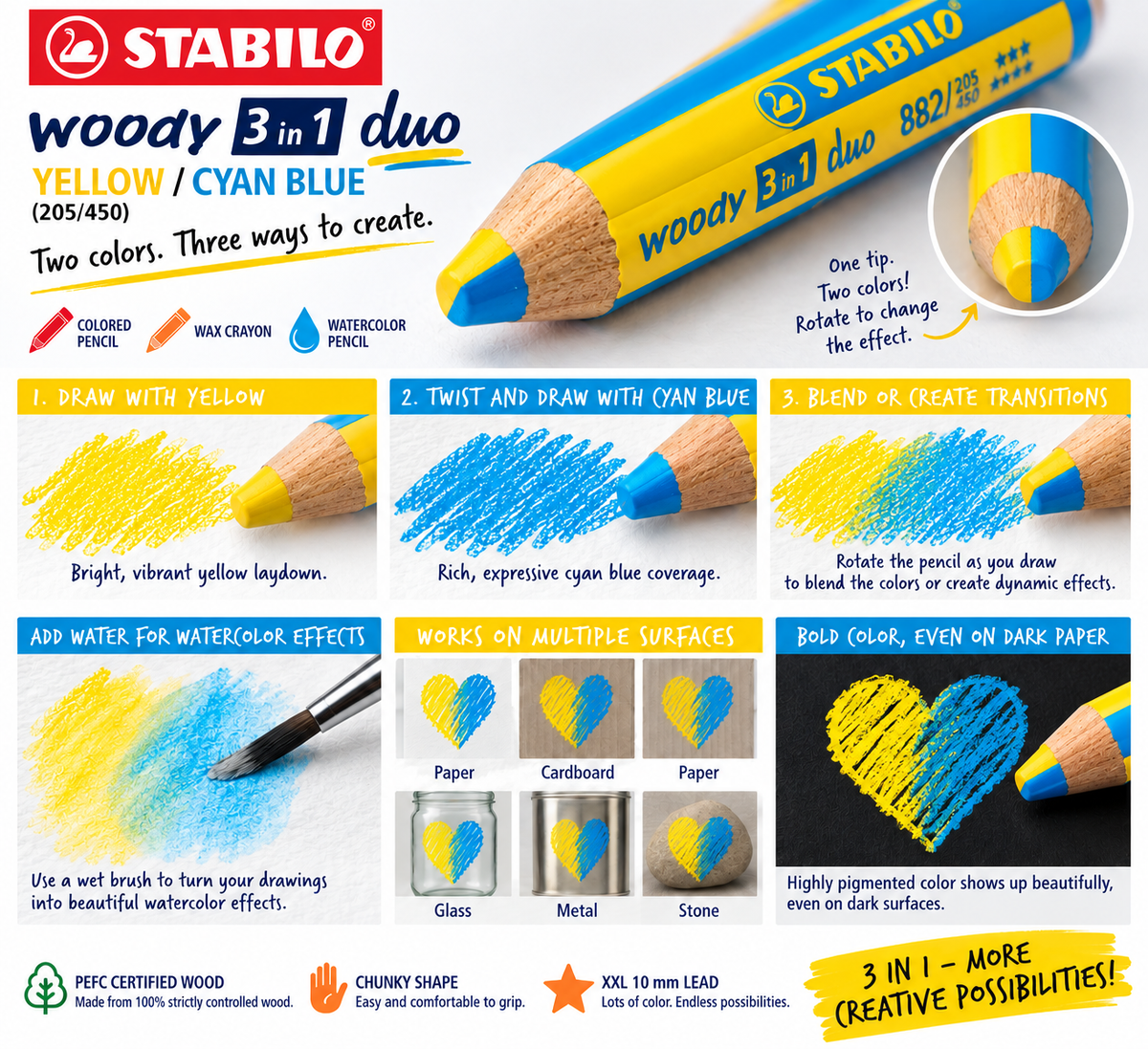STABILO WOODY 3 IN 1 DUO YELLOW/CYAN