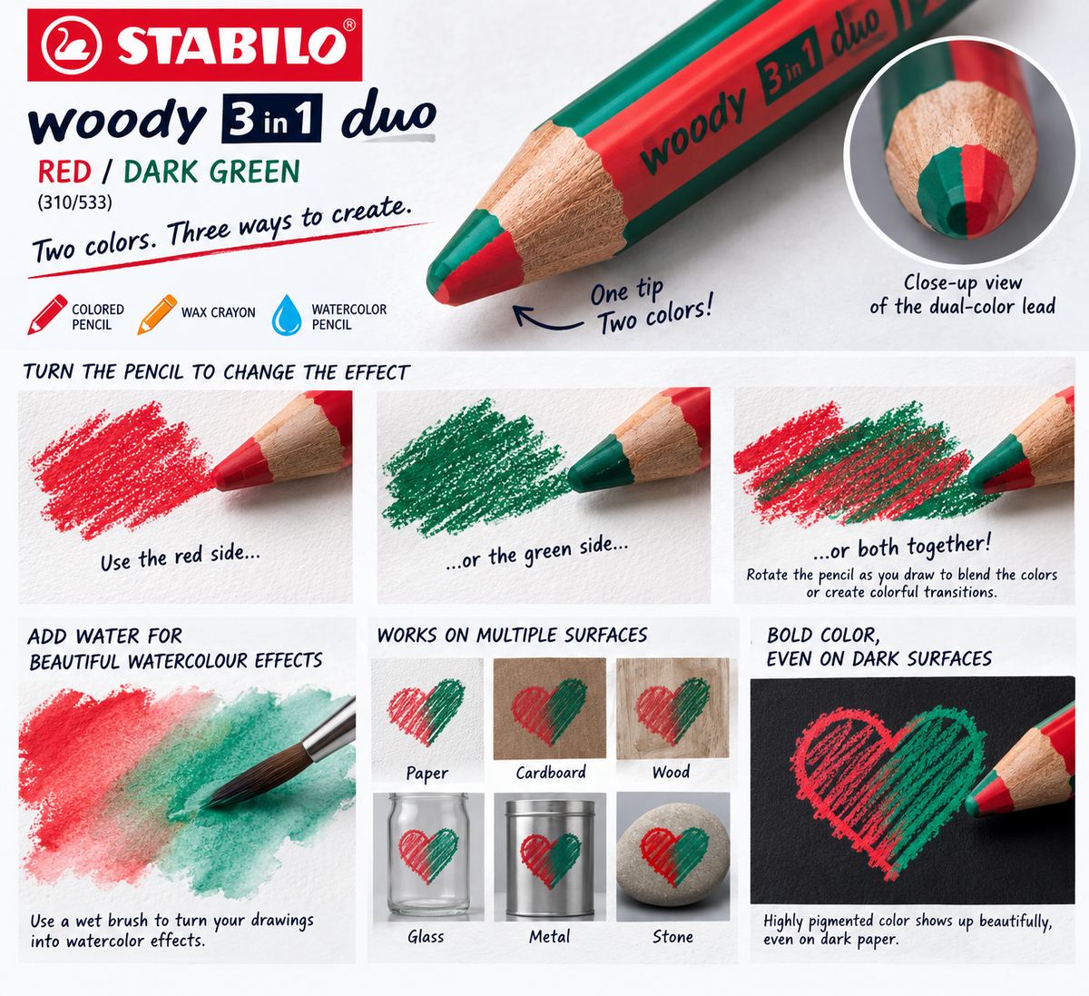 STABILO WOODY 3IN1 DUO RED/DARKGREEN