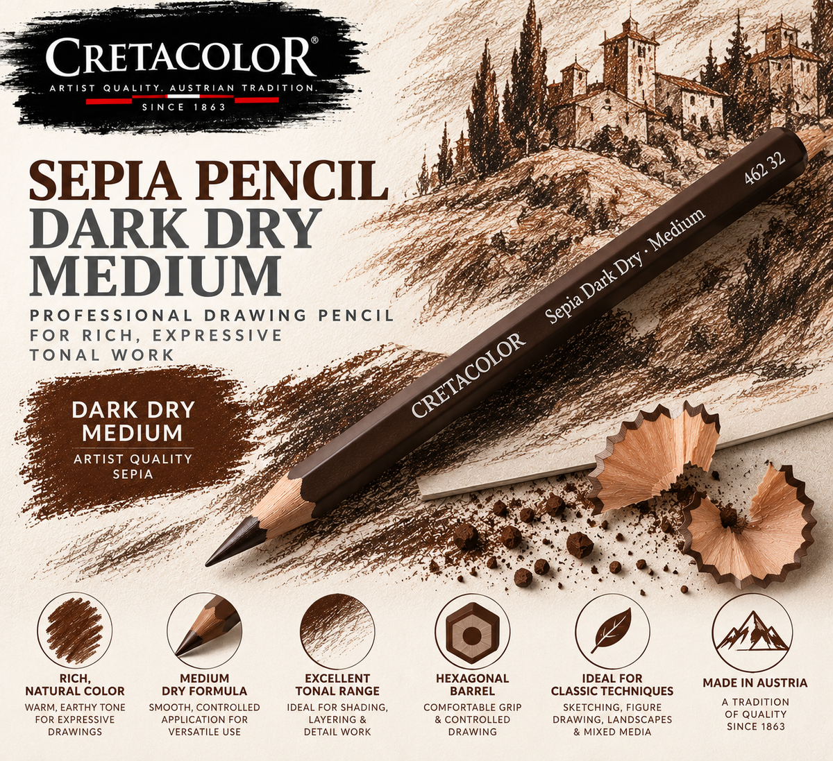 CRETACOLOR SEPIA PENCIL DARK DRY MEDIUM