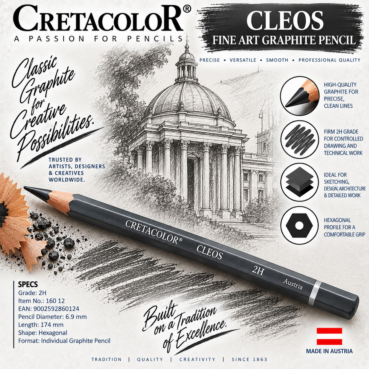 CRETACOLOR CLEOS FINE ART GRAPHITE PENCIL 2H