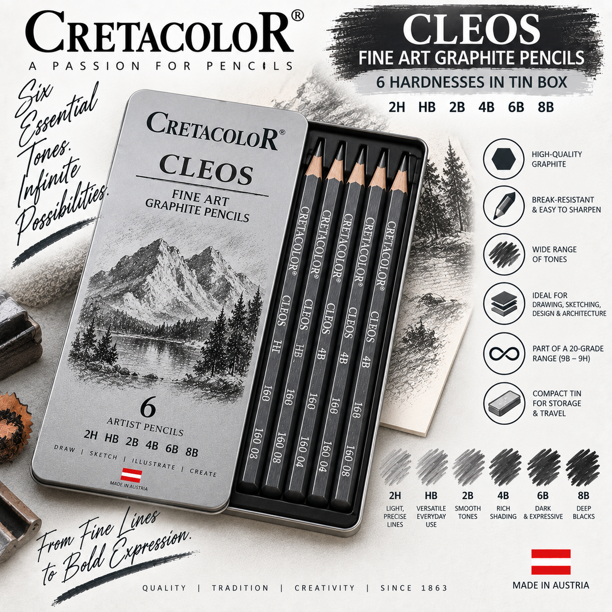 CLEOS FINE ART GRAPHITE PENCILS,   6 HARDNESSES IN TIN BOX (2H, HB, 2B, 4B, 6B, 8B)