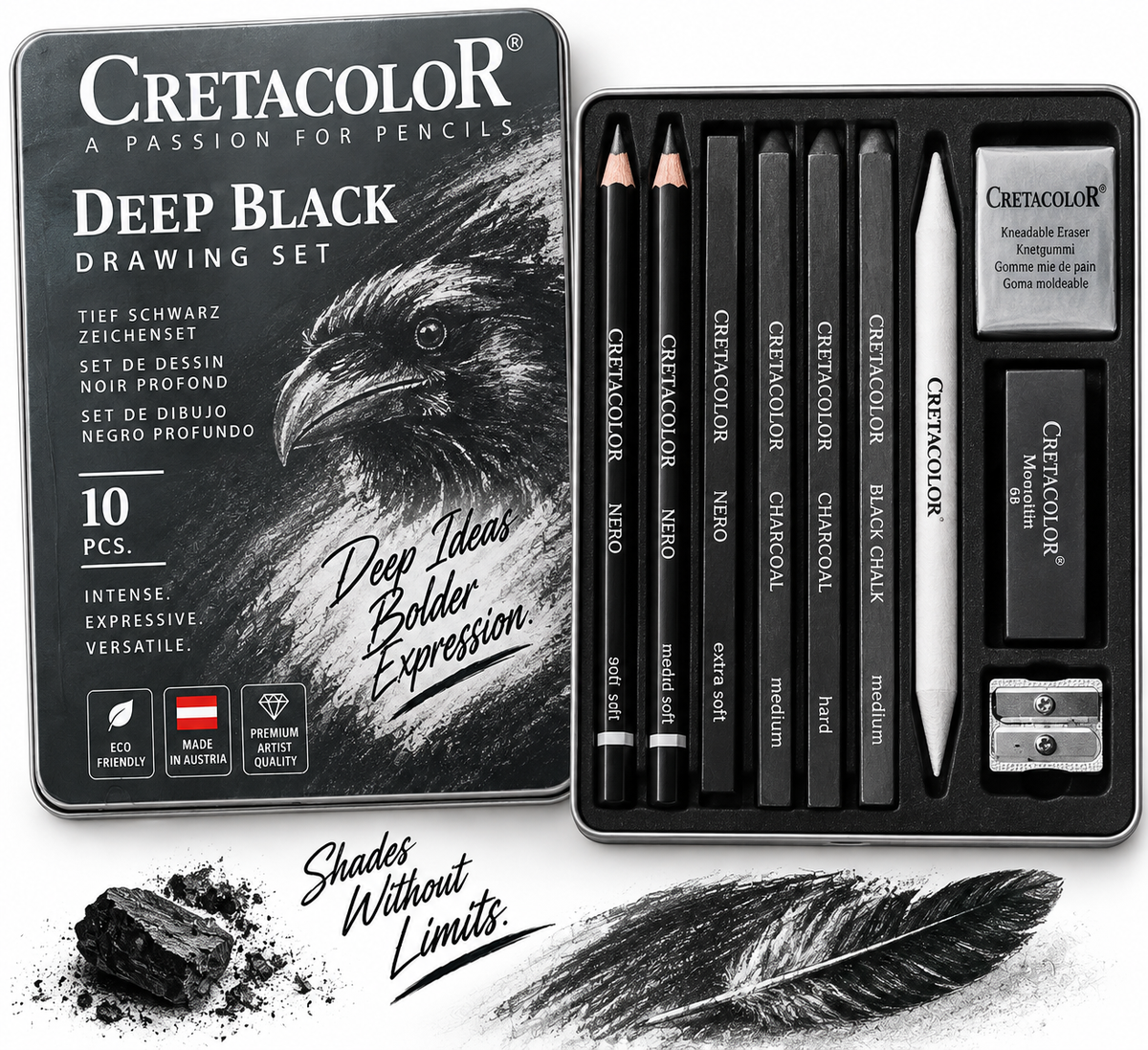 DEEP BLACK DRAWING SET, TIN BOX, 10 PCS
