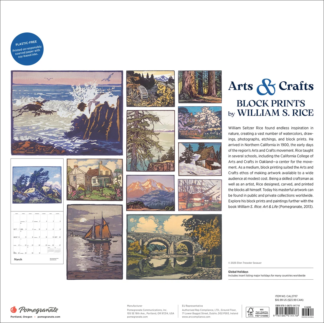 WALL CALENDAR 2027 - ARTS &amp; CRAFTS BLOCK PRINTS BY WILLIAM S, RICE