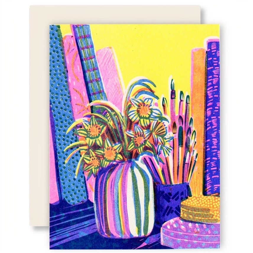 WOODBLOCK PRINT CARD - STILL LIFE WITH BOOKS AND FLOWERS