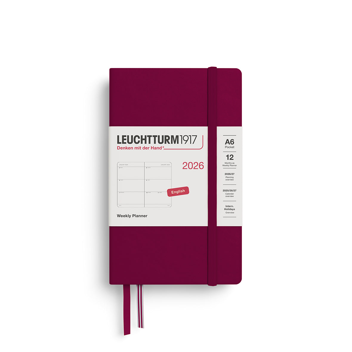 LEUCHTTURM 1917, WEEKLY PLANNER POCKET (A6) 2026, ENGLISH - PORT RED