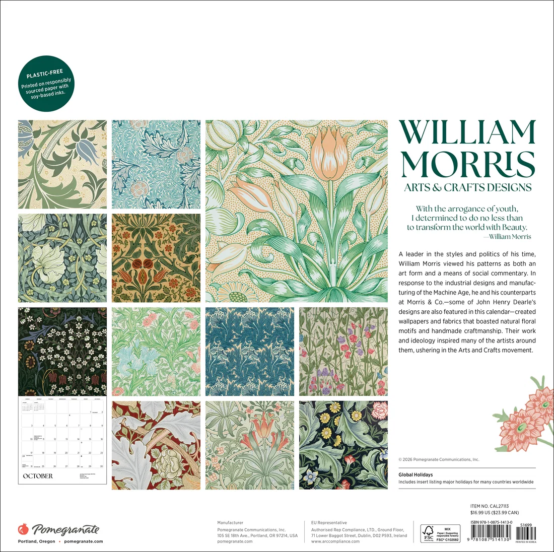 WALL CALENDAR 2027 - WILLIAM MORRIS ARTS &amp; CRAFTS DESIGNS